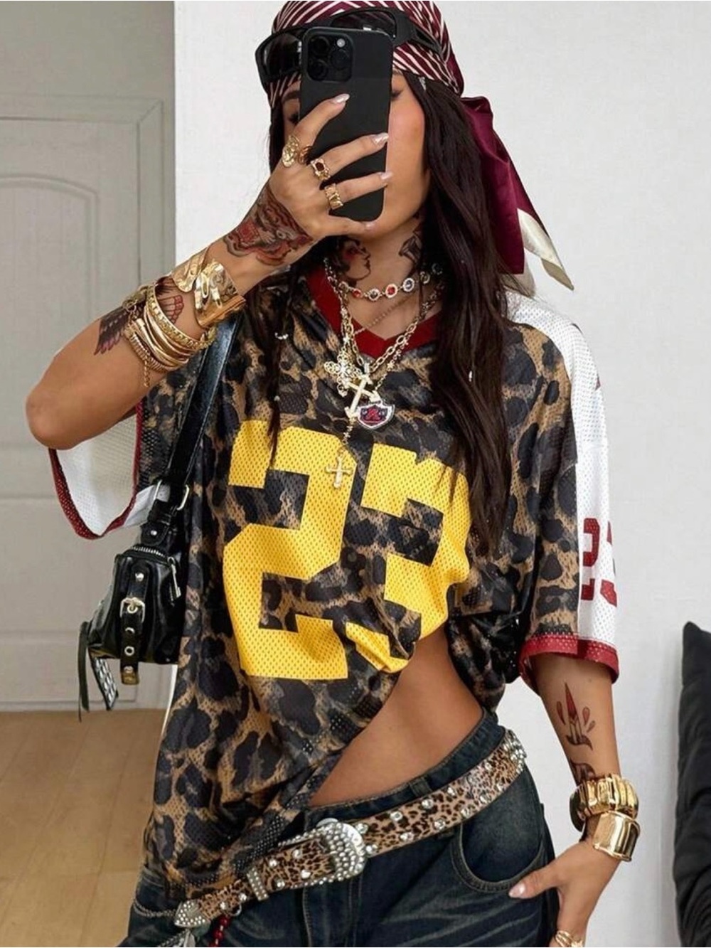 Leopard Print Mesh Jersey Top with Yellow Numbering